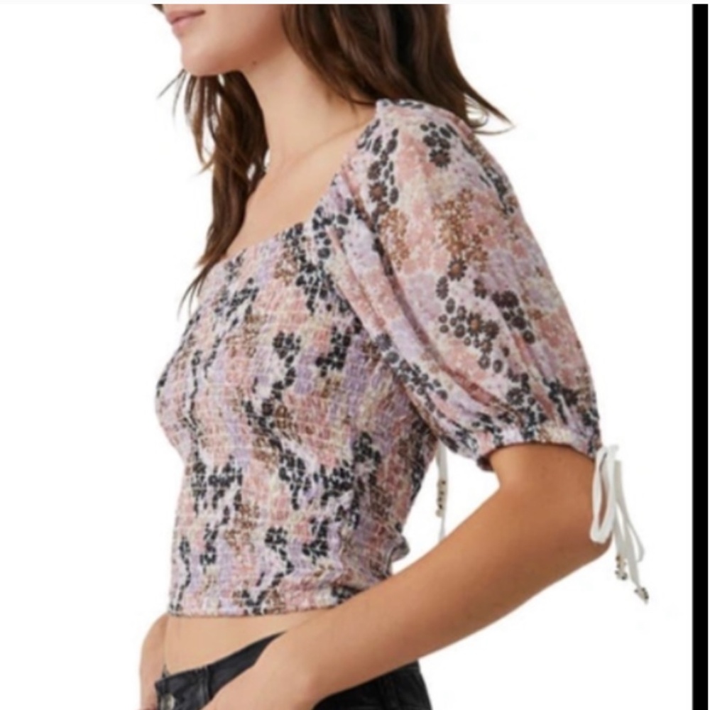 Smocked Puff Sleeve Crop Top Pink Purple Floral Flower Bead Tie Medium M